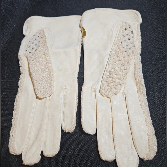 50s 60s Grandoe Leather & Crochet Cream Cottagecore Gloves Made Italy - Picture 6 of 15